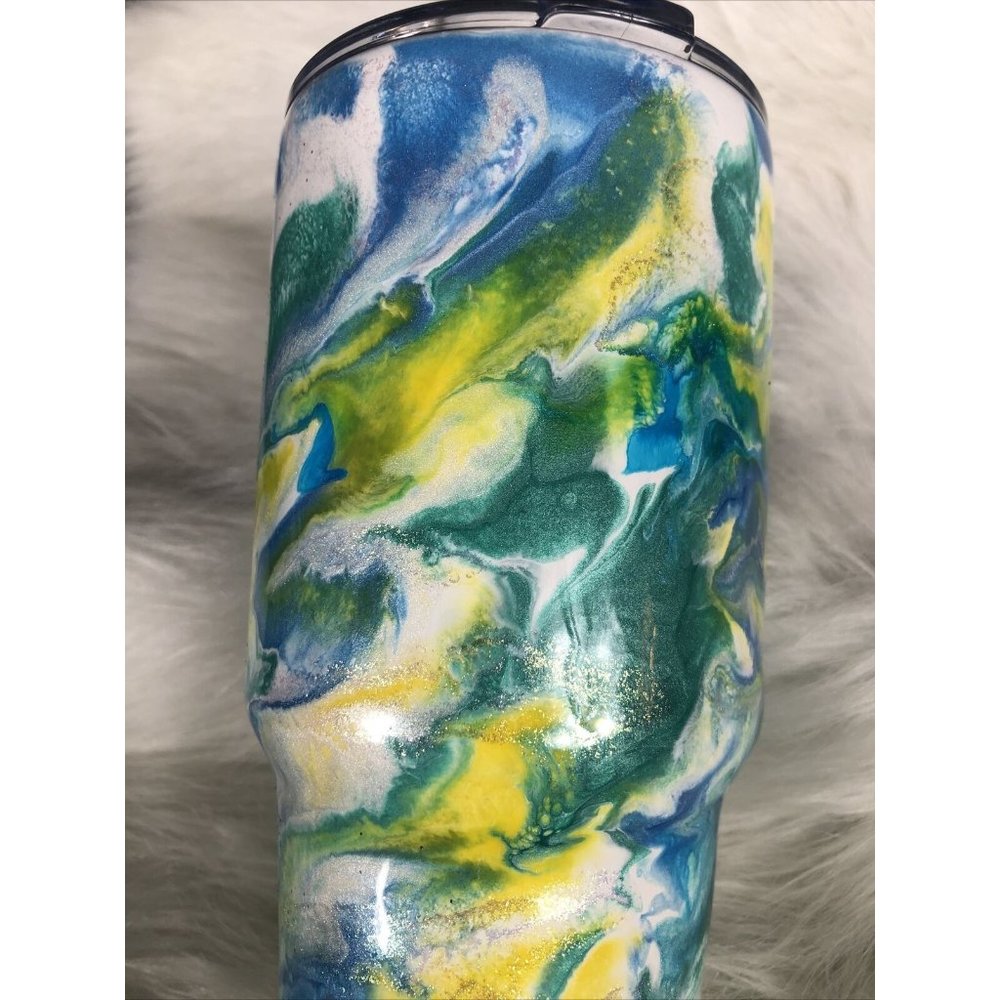 32 Ounce Tumbler Hand Painted Teal’s Blues Yellows Pearls & Glitter Lid Custom - Picture 10 of 16